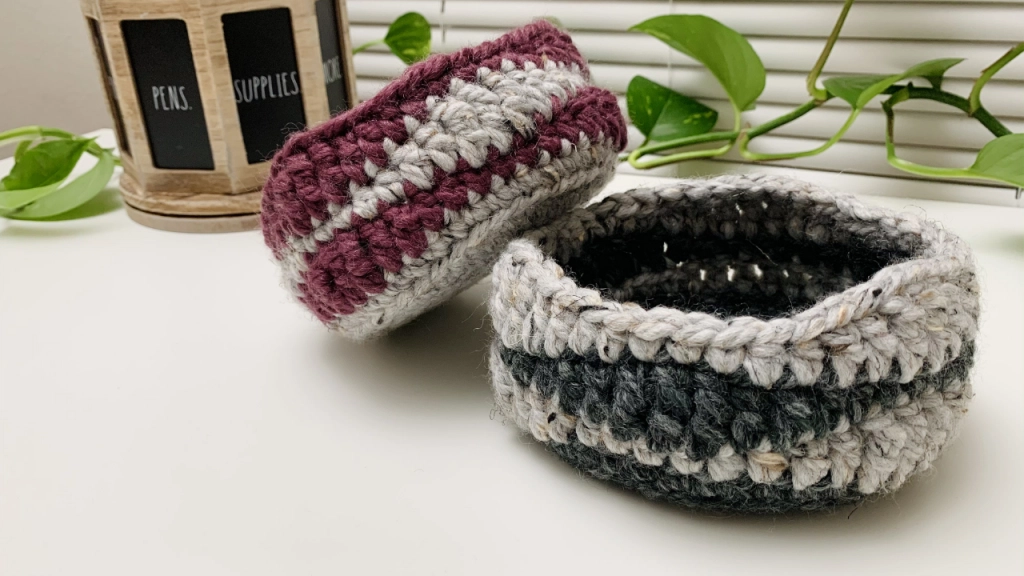 finished crochet key baskets