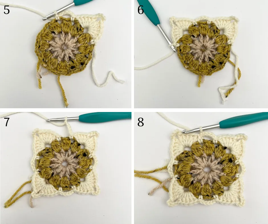 the completed crochet flower squares