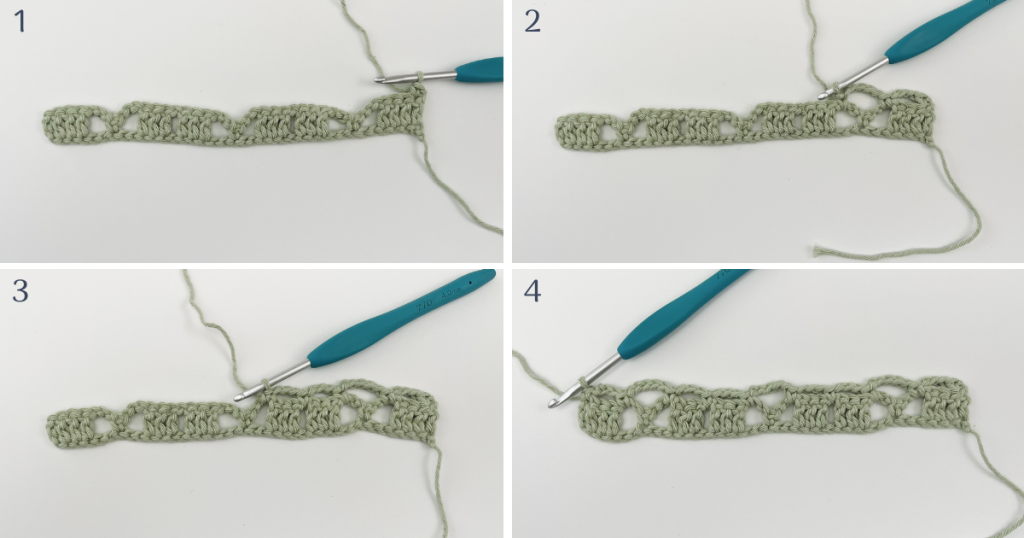Completed Row 2 of the easy crochet lace stitch pattern showing single crochet and chain spaces creating the open lace texture.