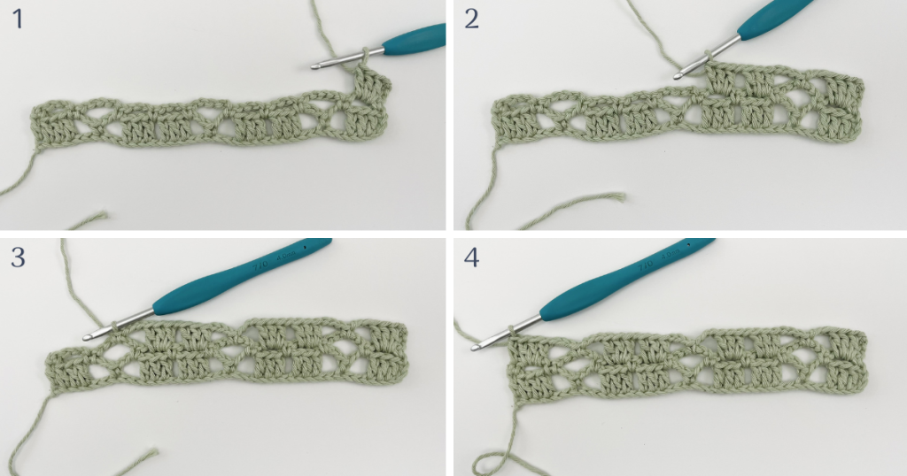 Completed Row 3 of the crochet lace stitch repeat showing double crochet group, single crochet and chain spaces forming the airy lace design.